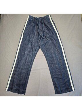 Marni Womens Small Wide Leg Pants Blue Striped Denim Cotton Linen Drawstring